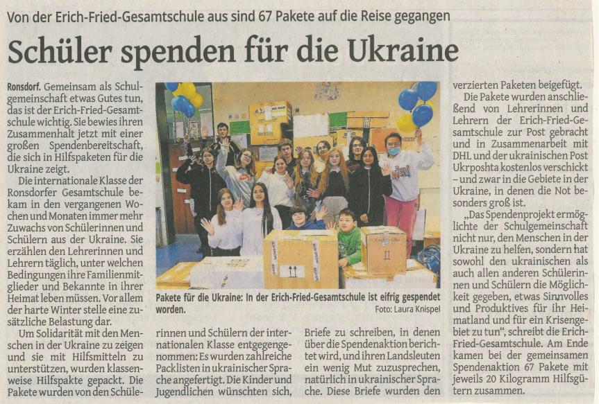 EFG Spendenaktion für die Ukraine in der WZ vom 22.12.2022