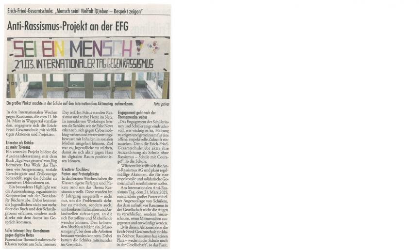 Anti-Rassismus-Projekt an der EFG zum Anti-Rassismustag am 21.03.2025