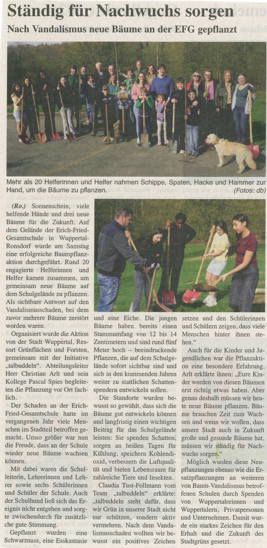 Nach Vandalismus neue Bäume an der EFG gepflanzt